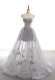 Gray A Line Sweetheart Appliques Tulle Long Prom Dress Evening Dress HZ1023