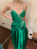 Vintage A Line Halter Pleated Beaded Sequin Emerald Satin Open Back Prom Dress Evening Dress HZ1023