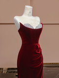 Burgundy Mermaid Strapless Beaded Velvet Long Prom Dress Party Dress HZ1023