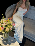 2025 New Simple Sheath Sweetheart Neck Lace Satin Long Prom Dress Evening Dress HZ1023