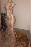 GORGEOUS HIGH NECK GOLDEN MERMAID LONG PROM DRESS HZ1023