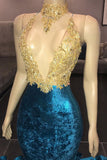 HIGH NECK ILLUSION NECKLINE SLEEVELESS LONG TRAIN APPLIQUES MERMAID PROM DRESS HZ1023
