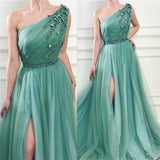 GORGEOUS ONE SHOULDER GREEN TULLE PROM PARTY GOWNS PROM DRESS HZ1023