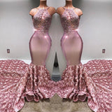 GORGEOUS HALTER MERMAID PINK PROM PARTY GOWNS EVENING DRESSES HZ1023