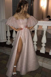 SPARKLE PEARL PINK SEQUINED HIGH SPLIT A-LINE PROM DRESS WITH BRACELET HZ1023