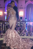 PINK LACE PROM DRESS MERMAID EVENING GOWNS WITH BOTTOM FLOWERS HZ1023