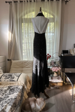 Shiny Sheath Strap Black White Beaded Chiffon Long Open Back Prom Dress Evening Dress HZ1023