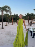 Green A Line Halter Chiffon Open Back Long Prom Dress Evening Dress HZ1023