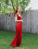 Charming Sheath Spaghetti Strap Rhinestone Red Satin Long Evening Dresses Party Dresses with Slit HZ1023