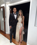 Elegant One Shoulder Slit Satin Prom Dress Long Party Dress Evening Dress HZ1023