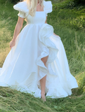 Cute A Line Puff Sleeves White Satin Long Prom Dress Birthday Dress with Slit HZ1023