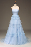 Pretty A Line Strapless Tiered Blue Tulle Long Prom Dress Evening Dress with Slit HZ1023