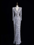 Stunning Sheath V Neck Long Sleeve Sliver Sequin Prom Dress Graduation Prom Dress HZ1023