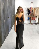 Sexy Satin V-Neck Cut Out Lace Prom Dress Formal Evening Dress HZ1023