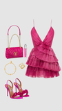 Unique Hot Pink Pleated V-Neck Homecoming Dress HZ1023