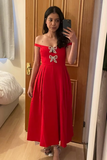 Red A Line Off the Shoulder Rhinestone Bow Satin Prom Dress Evening Dress HZ1023
