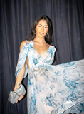 2025 New A Line Off the Shoulder Print Floral Chiffon Prom Dress Evening Dress HZ1023