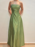 Vintage A Line Spaghetti Strap Beaded Green Satin Prom Dress Evening Dress HZ1023