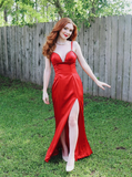 Charming Sheath Spaghetti Strap Rhinestone Red Satin Long Evening Dresses Party Dresses with Slit HZ1023
