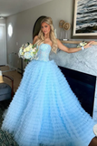 Gentle A Line Strapless Appliques Tiered Blue Tulle Prom Dress Evening Dress HZ1023