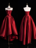 Simple A Line Strapless Burgundy Satin Long Prom Dress Graduation Prom Dress HZ1023