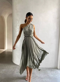 Elegant A Line One Shoulder Pleated Sage Green Satin Bridesmaid Dress Evening Dress HZ1023