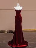 Burgundy Mermaid Strapless Beaded Velvet Long Prom Dress Party Dress HZ1023