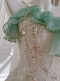 Stunning Mermaid Spaghetti Strap Beaded Ruffle Green White Chiffon Prom Dress Evening Dress HZ1023