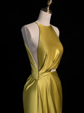 Yellow Sheath Halter Satin Open Back Prom Dress Graduation Prom Dress with Slit HZ1023