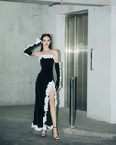 Vintage Strapless Black Slit Prom Dresses With Gloves HZ1023