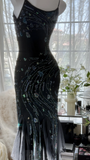 Gorgeous Mermaid Spaghetti Strap Beaded Black Chiffon Party Dress Evening Dress HZ1023