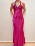 Hot Pink Mermaid V Neck Beaded Satin Open Back Prom Dress Evening Dress HZ1023