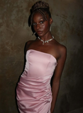 Pink Mermaid Strapless Pleated Satin Long Wedding Guest Dress Party Dress HZ1023