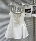 Cute A Line Strap Rhinestone White Satin Short Homecoming Dress Cocktail Dress HZ1023