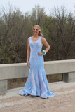 Elegant Light Blue Sequin Meramid Backless Prom Dress Evening Dress HZ1023