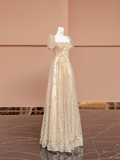 Pretty A Line Puff Beaded Sequin Champagne Tulle Long Prom Dress Party Dress HZ1023