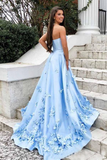 Strapless Blue Sweetheart Neck Sweep Train Satin Prom Dresses HZ1023
