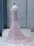Strapless Pink Chiffon Creased Evening Dress Floor Length Mermaid Prom Dress With Sweep HZ1023