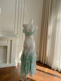 Stunning Mermaid Spaghetti Strap Beaded Ruffle Green White Chiffon Prom Dress Evening Dress HZ1023