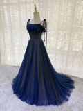 Navy Blue Tulle Beaded Long Prom Dress Evening Dress HZ1023