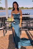 Ink-blue Sweetheart Beaded Mermaid Slit Long Evening Dress Prom Dress HZ1023