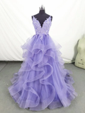 Lilac Tull Lace Applique Ball Gown Straps Long Prom Dress Elegant Evening Dress HZ1023