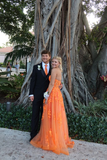 Strapless Tulle Appliques Long Evening Dress Orange Prom Dress HZ1023