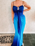 Shiny Sheath Spaghetti Strap Beaded Blue Ombre Chiffon Prom Dress Evening Dress HZ1023