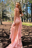 Light Pink Mermaid Straps Ruffle Chiffon Satin Prom Dress Evening Dress with Slit HZ1023