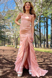 Light Pink Mermaid Straps Ruffle Chiffon Satin Prom Dress Evening Dress with Slit HZ1023