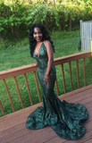 Sexy V Neck Green Long Prom Dress Mermaid Evening Dress HZ1023
