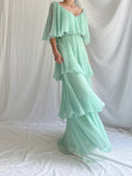 Green Layered Chiffon A Line V Neck Simple Long Party Dress Evening Dress 18 Birthday Dress HZ1023