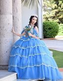 Blue Ball Gown Quinceanera Dresses Off the Shoulder Beaded Layered Tulle Sweet 16 Dress Party Gowns HZ1023