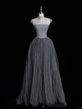 Simple Grey A Line High Neck Satin Tulle Long Prom Dress Graduation Prom Dress HZ1023